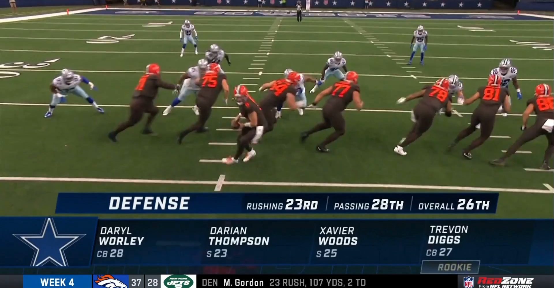 Televised NFL game with an on-screen defensive statistics graphic