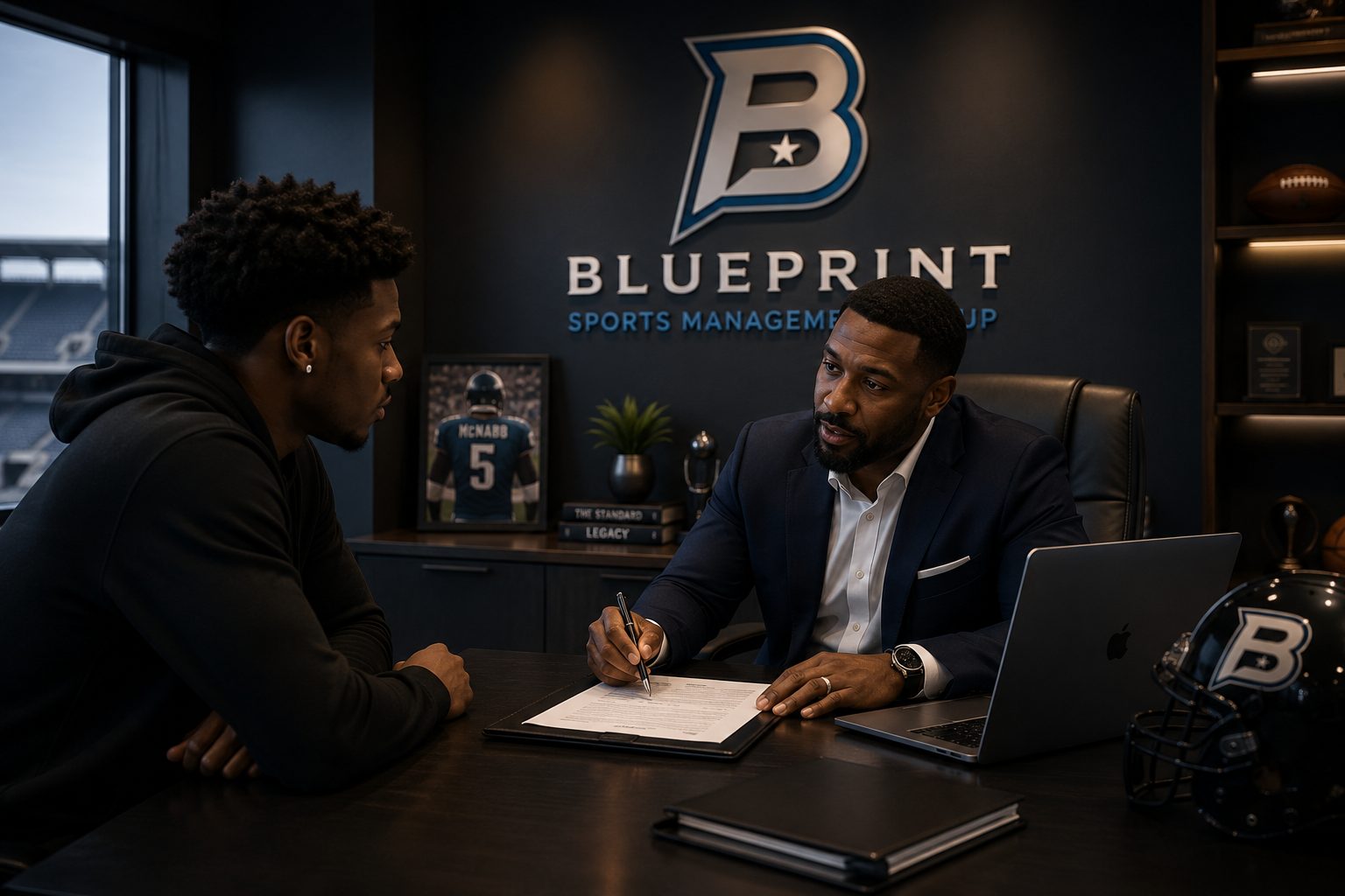 Two athletes reviewing paperwork with an advisor at the Blueprint Sports Management Group office