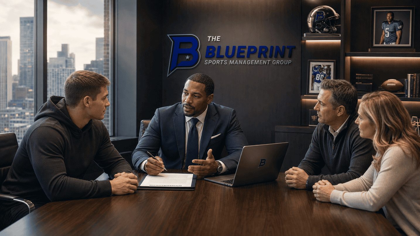 Blueprint Sports Management Group advisors meeting with a client in a boardroom overlooking the city