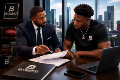 Blueprint advisor reviewing a contract with a professional athlete at the agency office