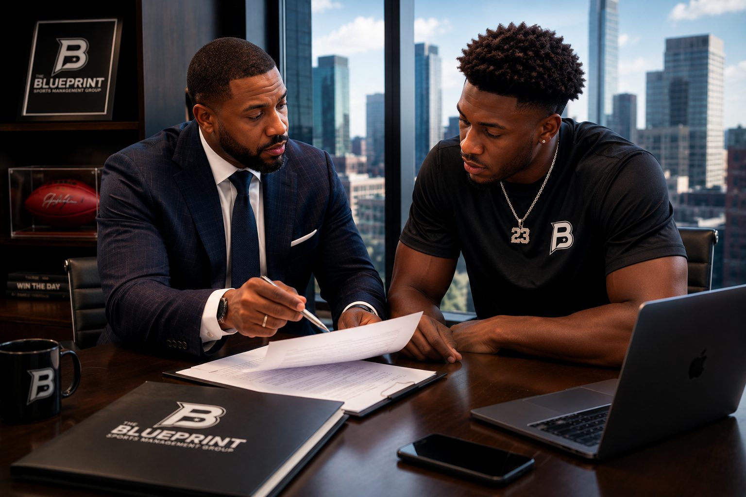 Blueprint advisor reviewing a contract with a professional athlete at the agency office
