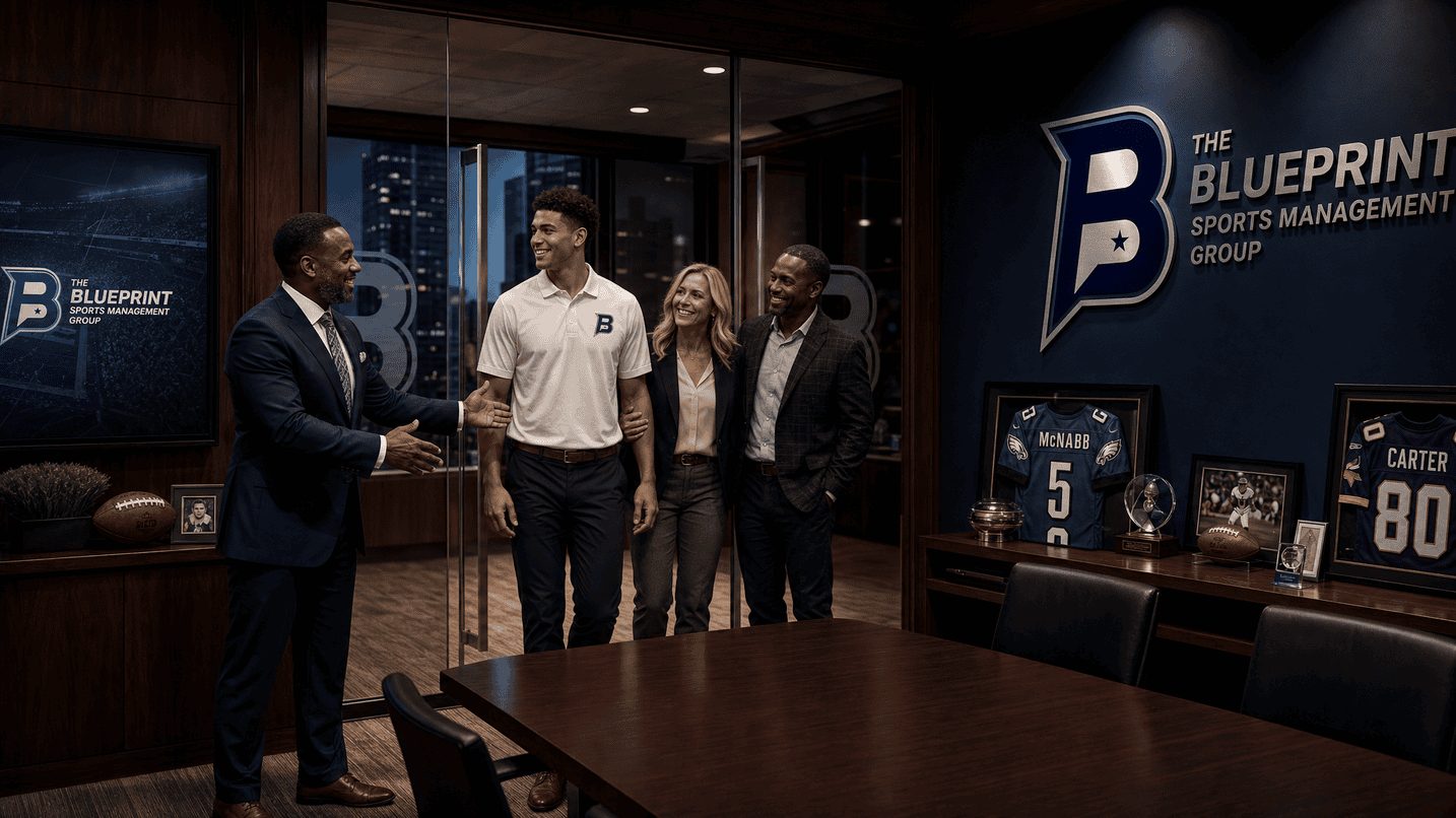 Athletes and advisors talking together in the Blueprint Sports Management Group office